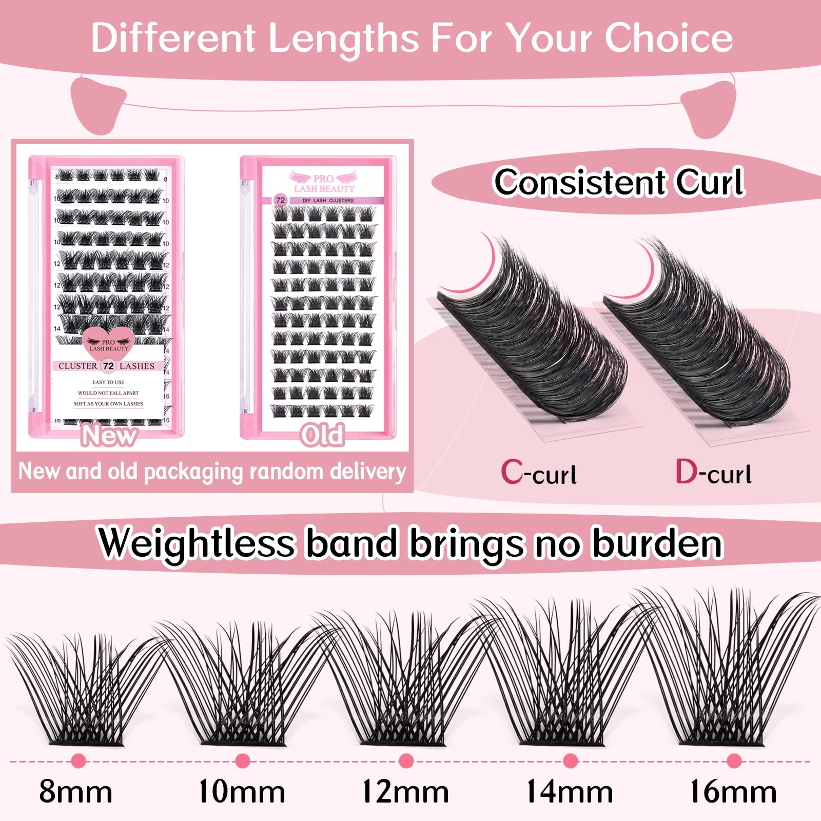 PRO LASHBEAUTY cils par grappes, longueurs 8–16 mm pour styles variés.