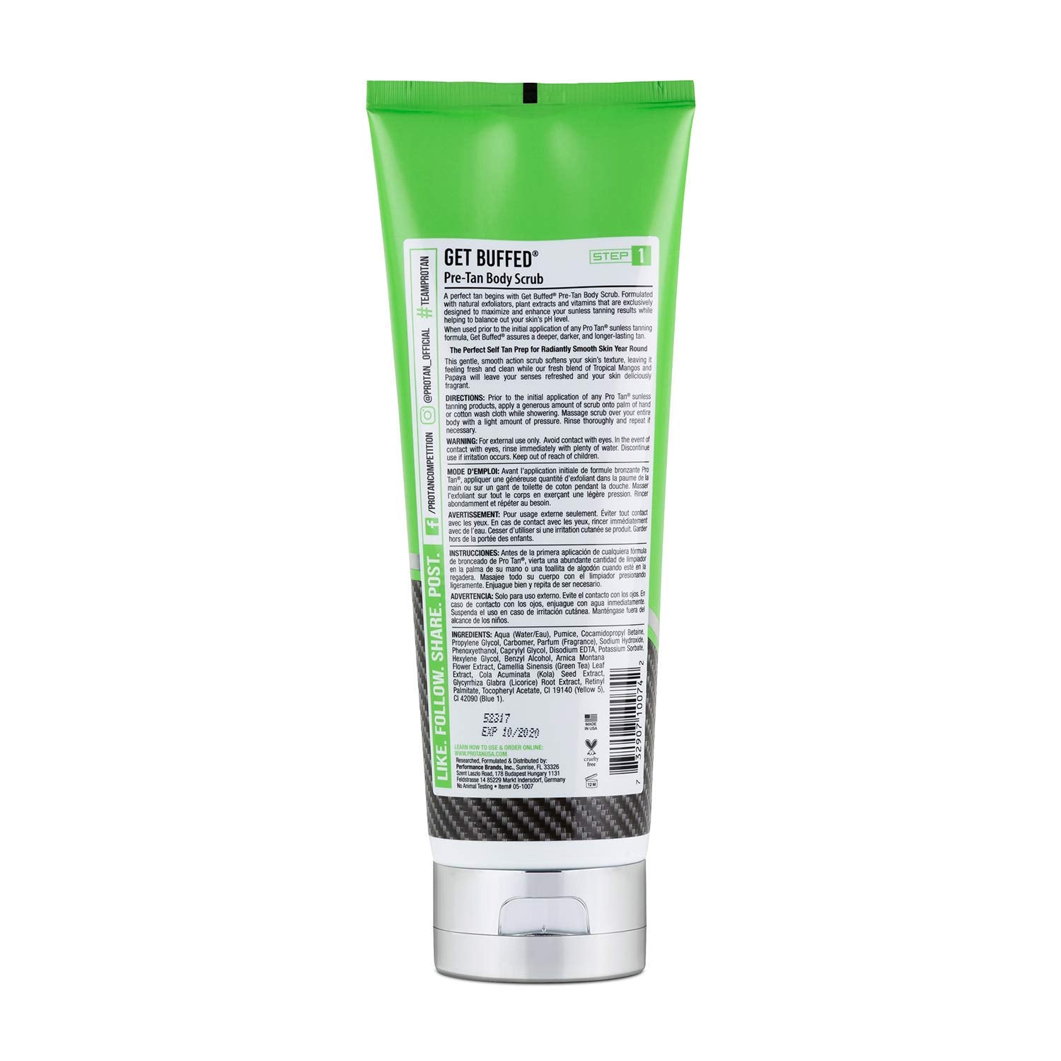 Pro Tan Get Buffed exfoliant équilibre peau pH, prépare la peau pour un bronze uniforme