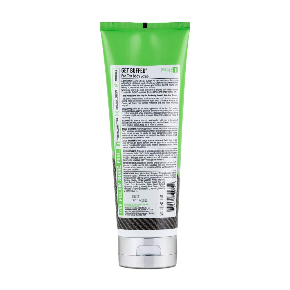 Pro Tan Get Buffed exfoliant équilibre peau pH, prépare la peau pour un bronze uniforme