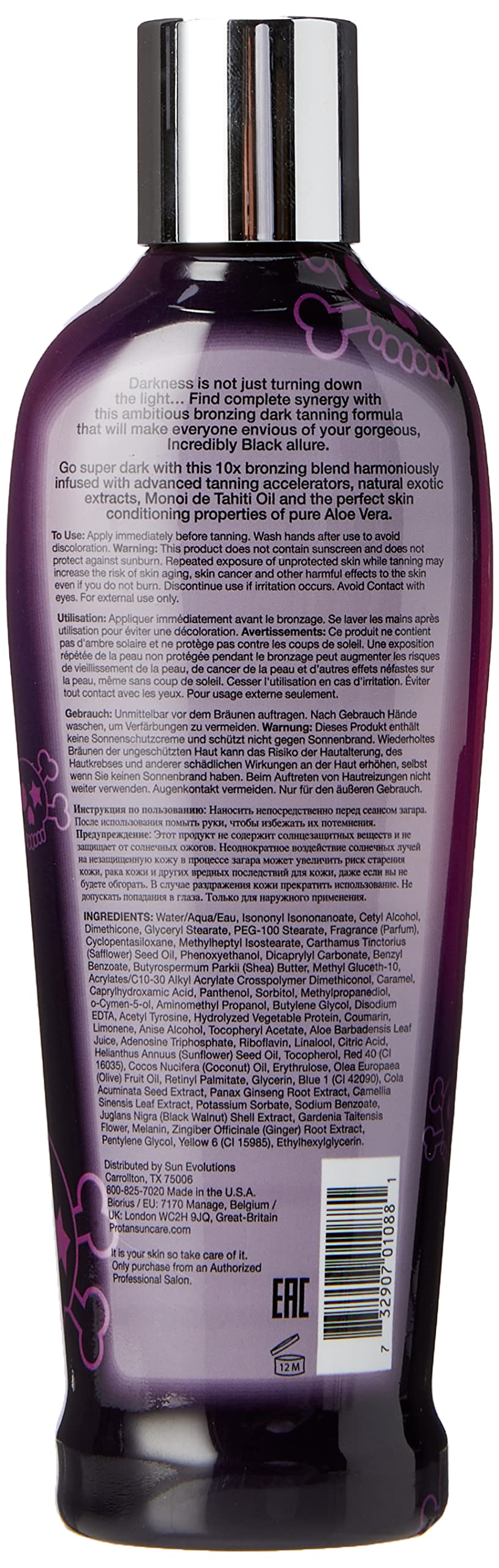 Pro Tan Lait bronzant incroyablement noir – étiquette lisible et informations claires.