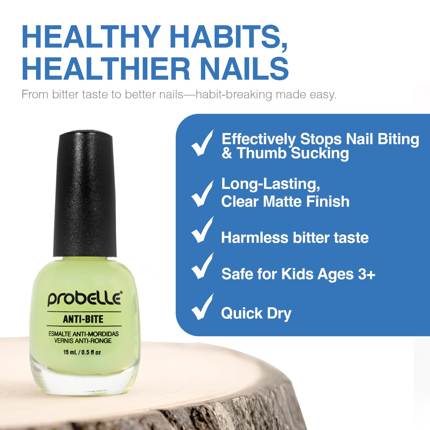Probelle Anti-Bite bottle designed for kids 3+ users.