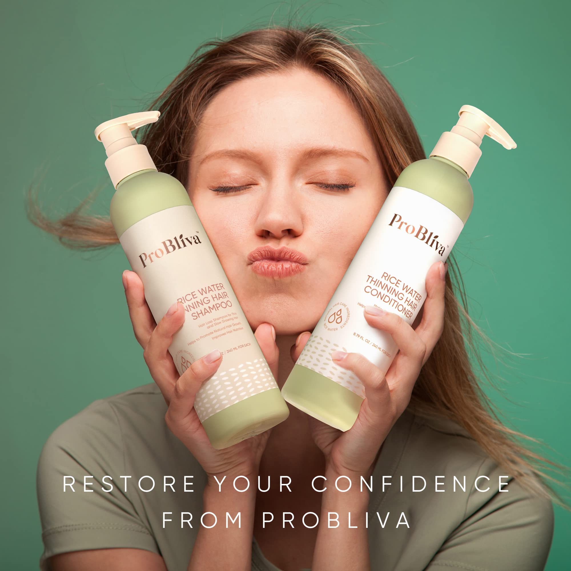 ProBliva Après-shampoing Rice Water bouteille verte pour démêlage et épaississement visuel.