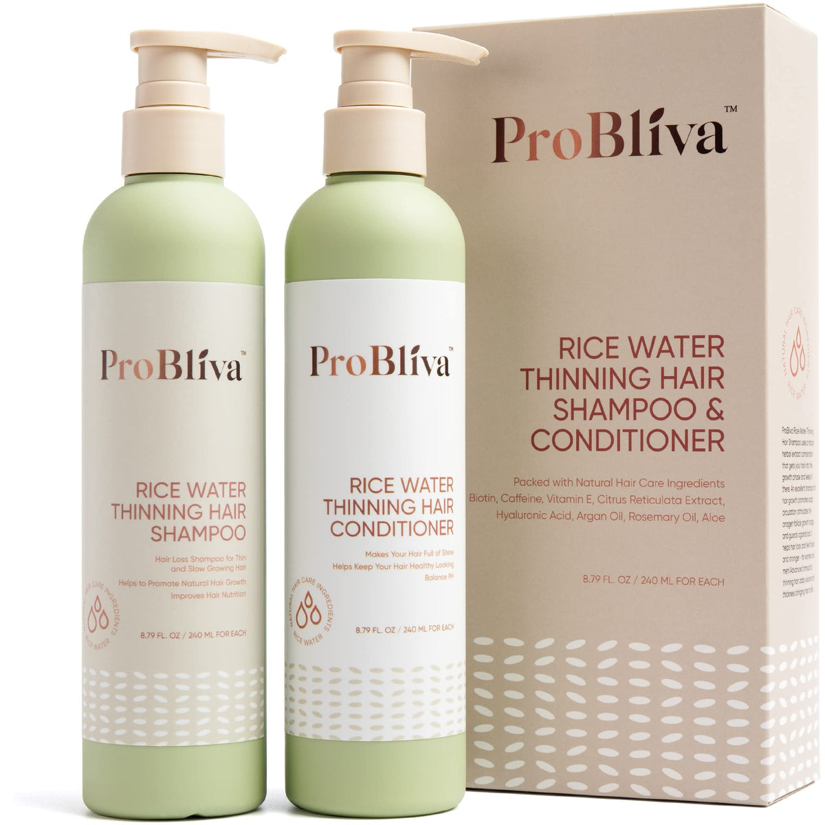 ProBliva Shampoing Rice Water bouteille verte pour cheveux fins et volume potentiel.