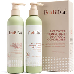 ProBliva Shampoing Rice Water bouteille verte pour cheveux fins et volume potentiel.