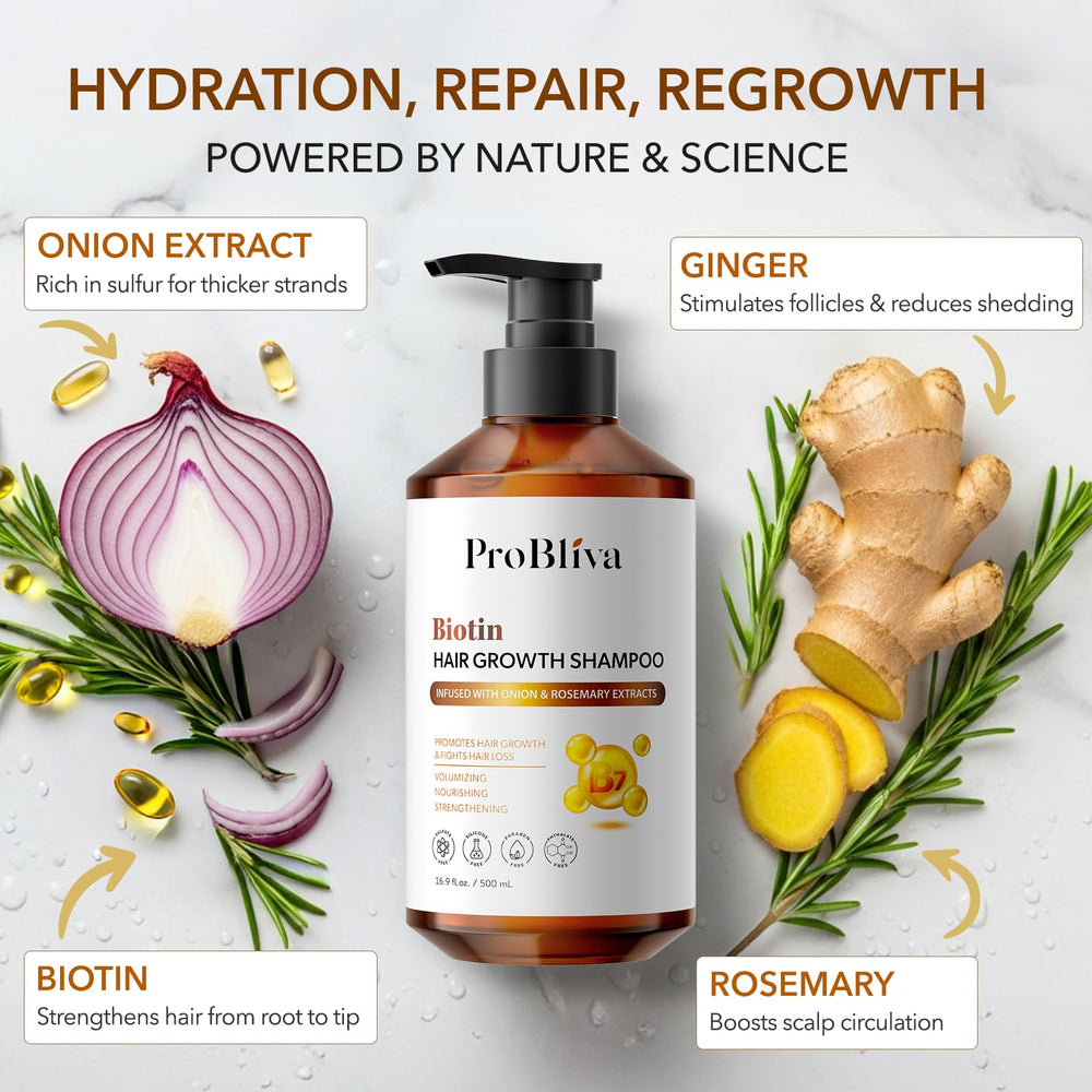 ProBliva Shampoing Biotine Romarin – densité capillaire renforcée pour un aspect plus épais.