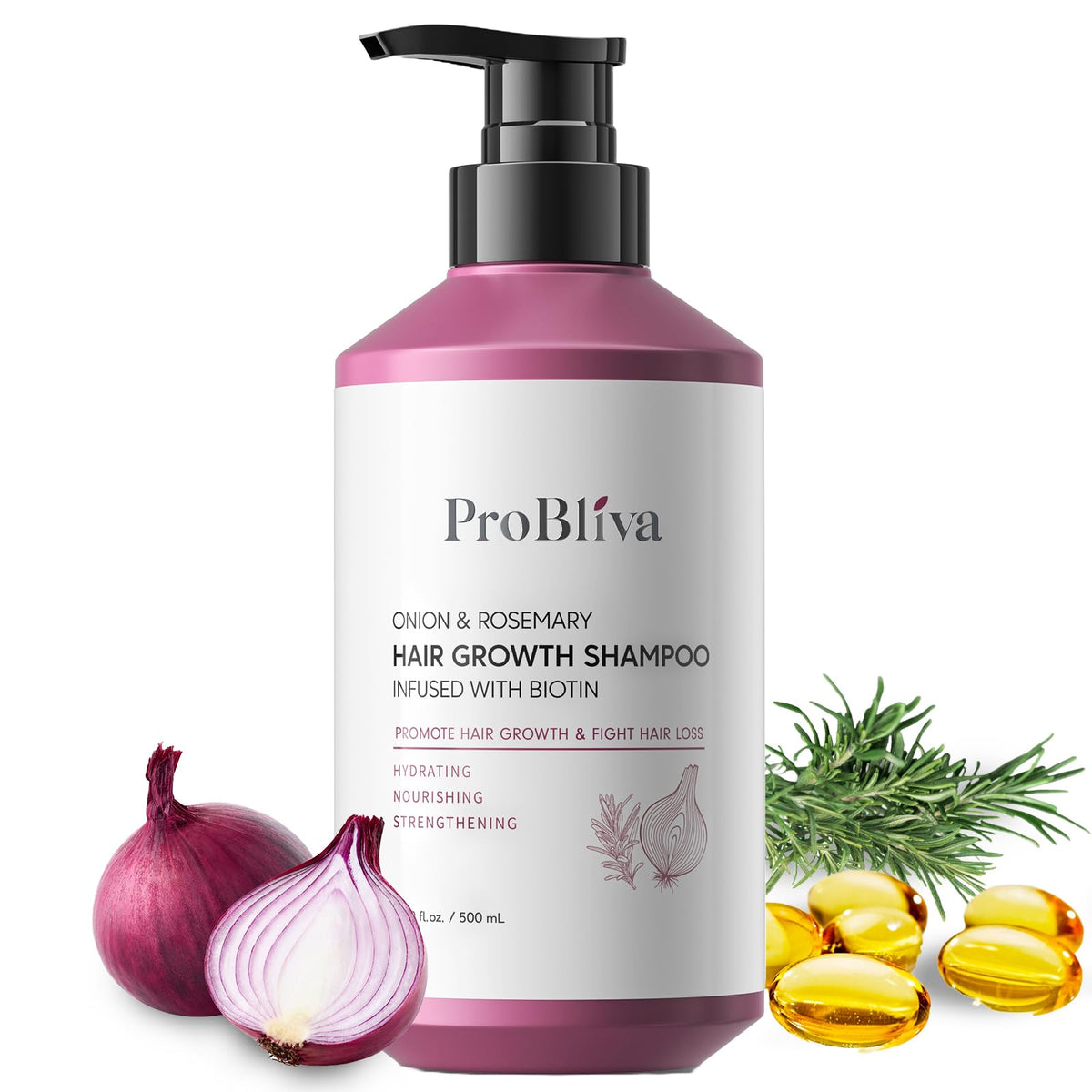 ProBliva Shampoing Oignon-Romarin sur flacon, cheveux plus forts et volumineux.