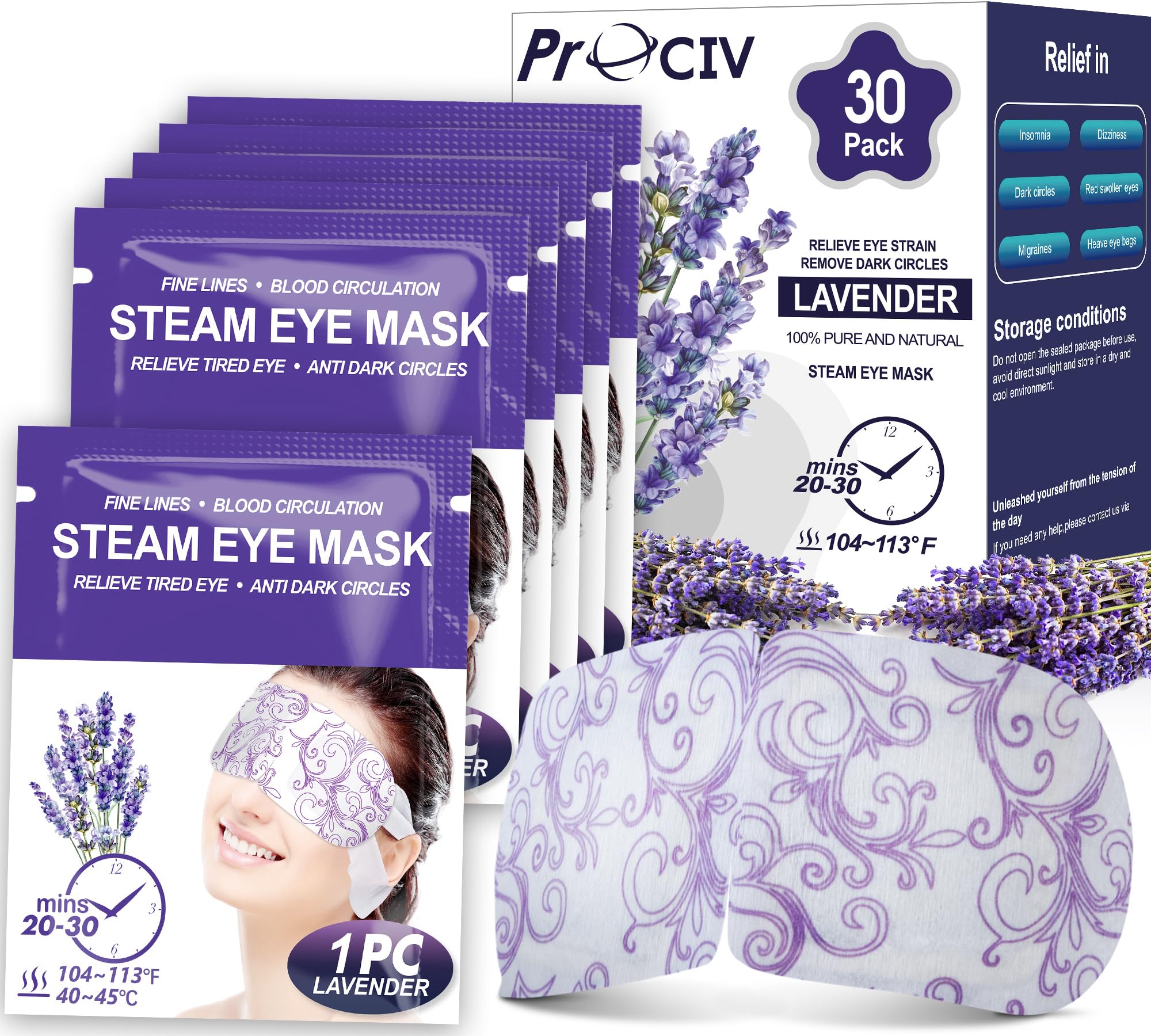 Masque oculaire ProCIV lavande en vapeur ouvert pour détendre les yeux.