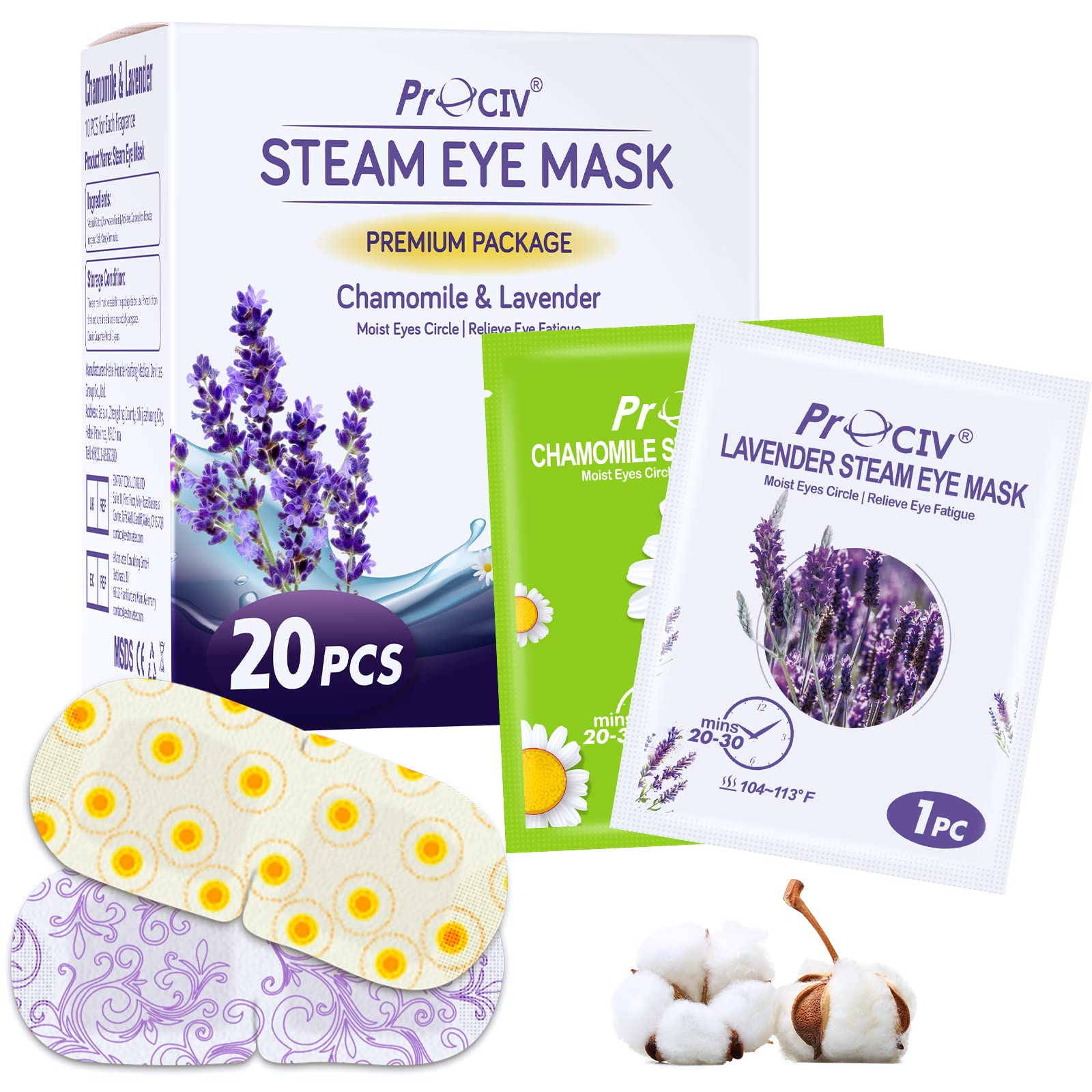 Masques yeux vapeur ProCIV emballage 20 pack pour usage pratique quotidienne