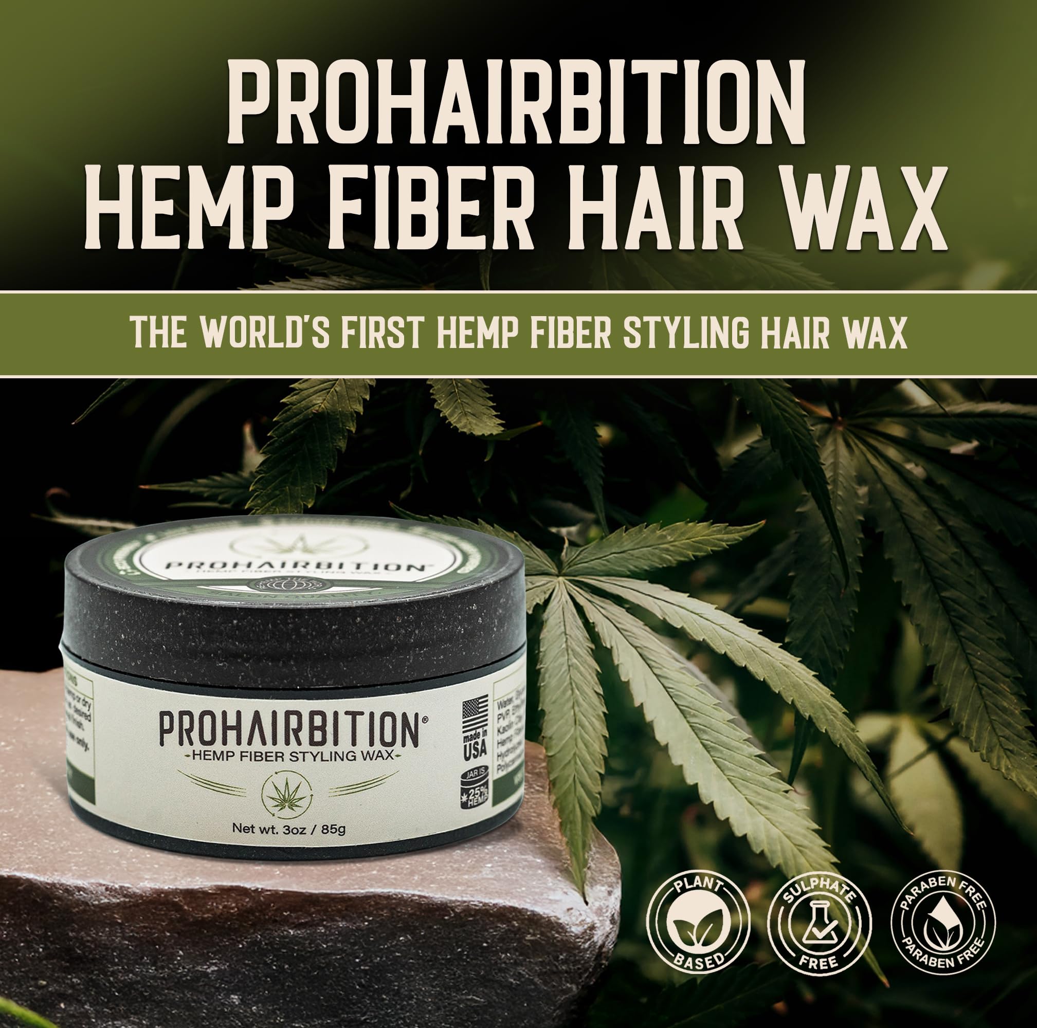 PROHAIRBITION emballage en chanvre écologique, prônant durabilité.