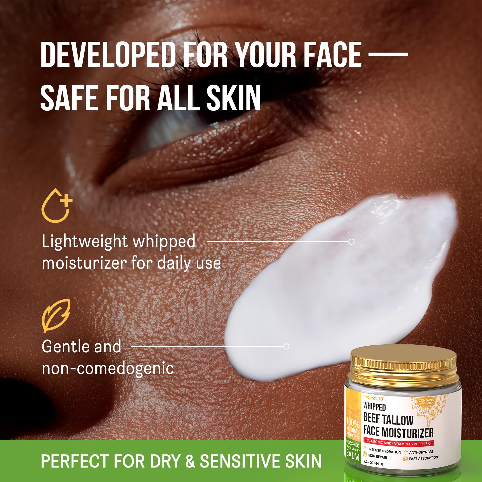 Texture crème aérifiée PROJECT 701 prête pour une application douce.