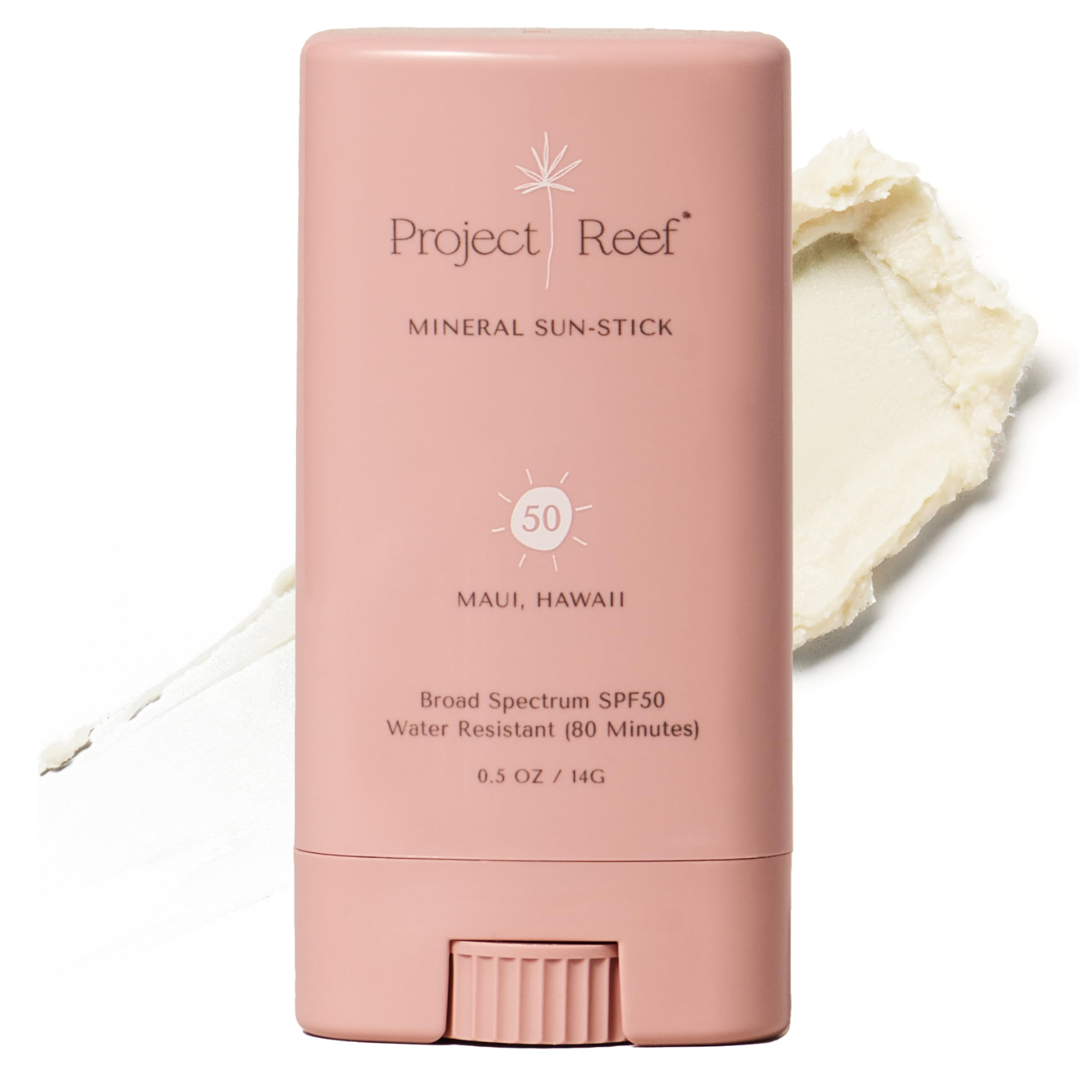 Project Reef SPF50 compact stick sur la peau, pratique pour retouches rapides.