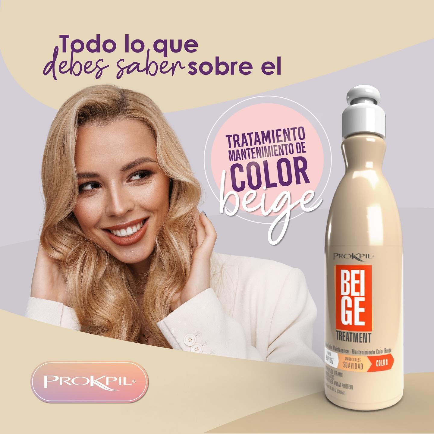 Prokpil Beige: hydratation et brillance visibles sur cheveux colorés.