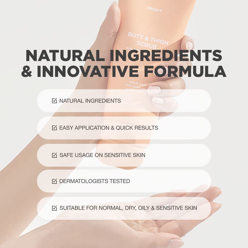 PROOT Butt Scrub Wash – avant/après usage visible sur la peau.