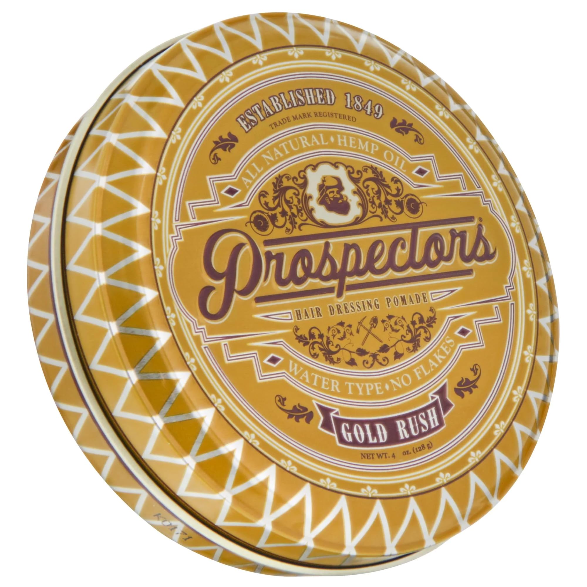 Prospectors Gold Rush Pomade dans un pot métal 4 oz, fixation moyenne et éclat discret.