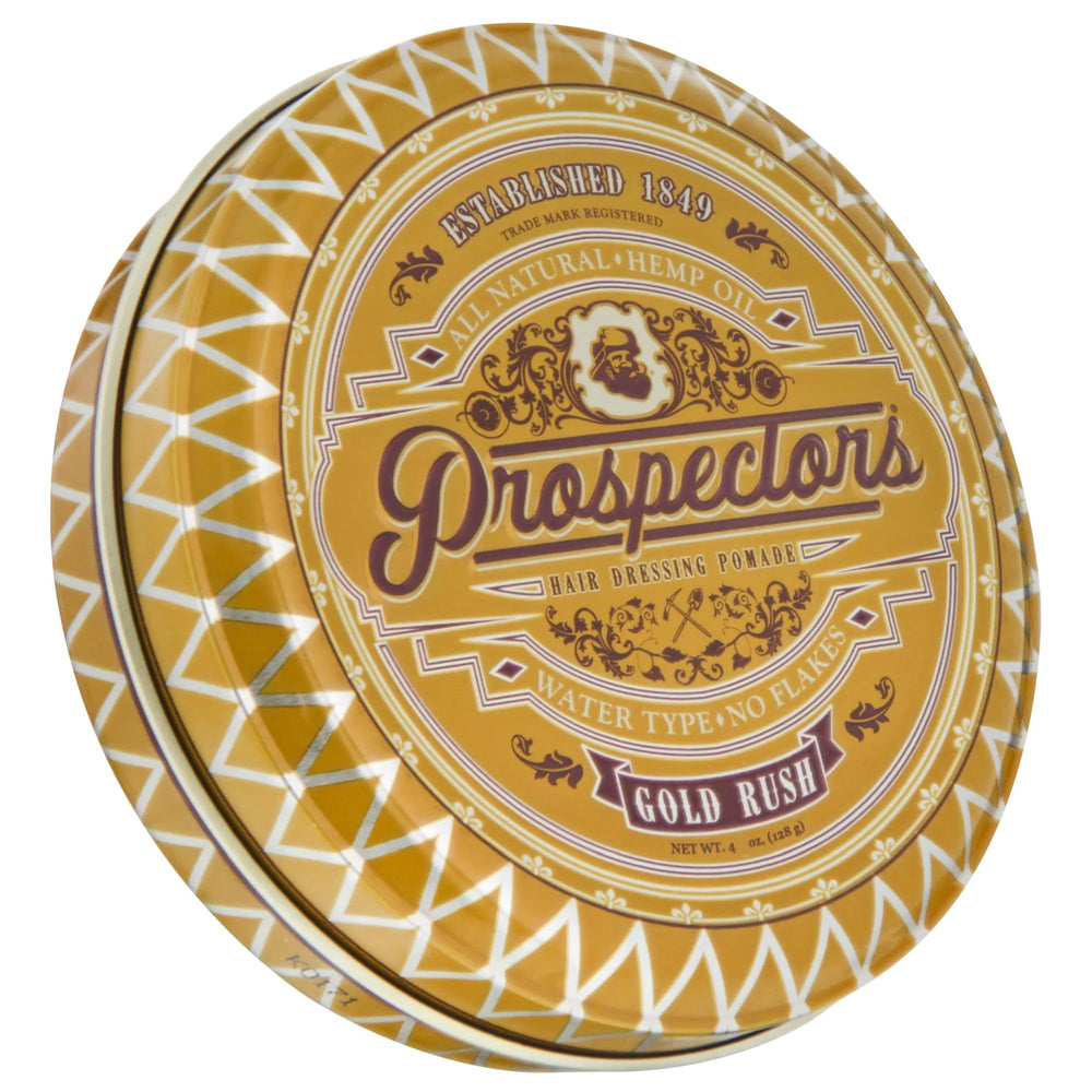 Prospectors Gold Rush Pomade dans un pot métal 4 oz, fixation moyenne et éclat discret.