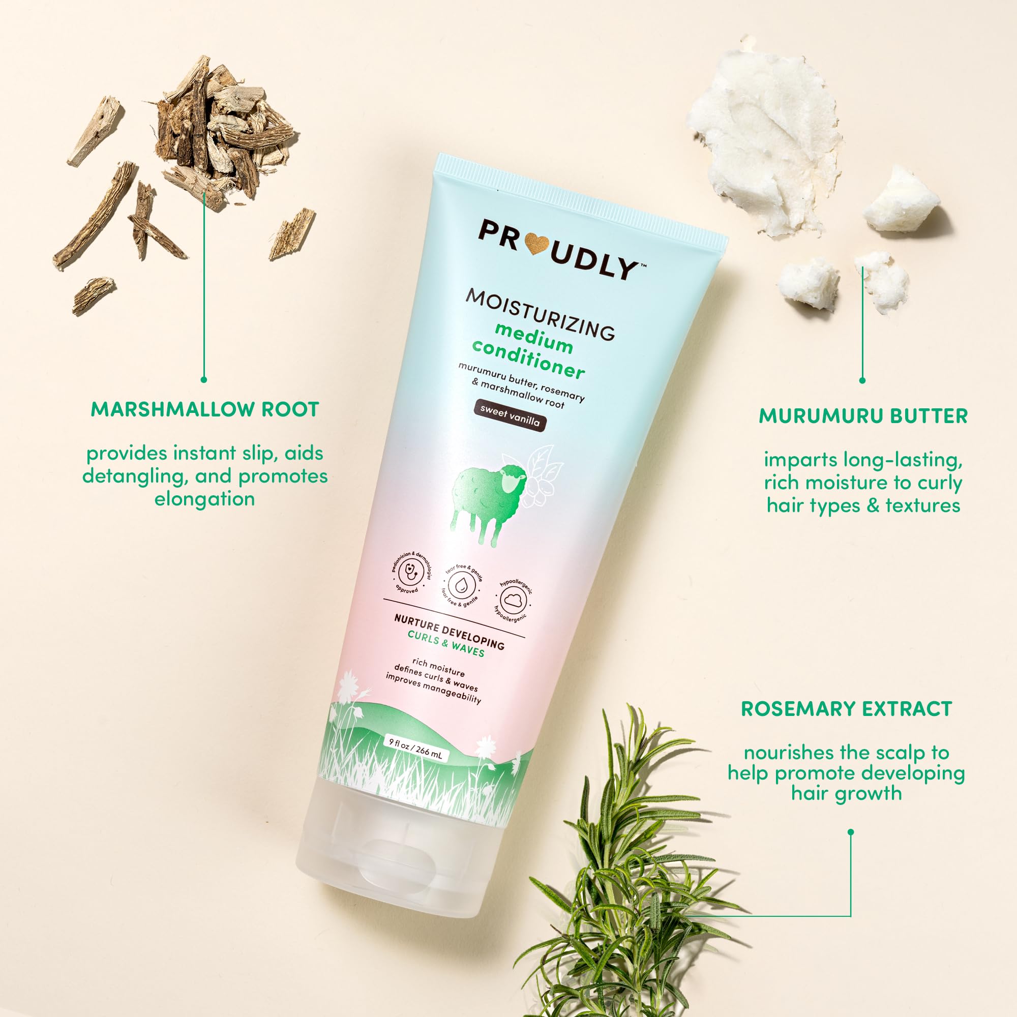 Proudly: ingrédients clé karité et jojoba nourrissent les cheveux.
