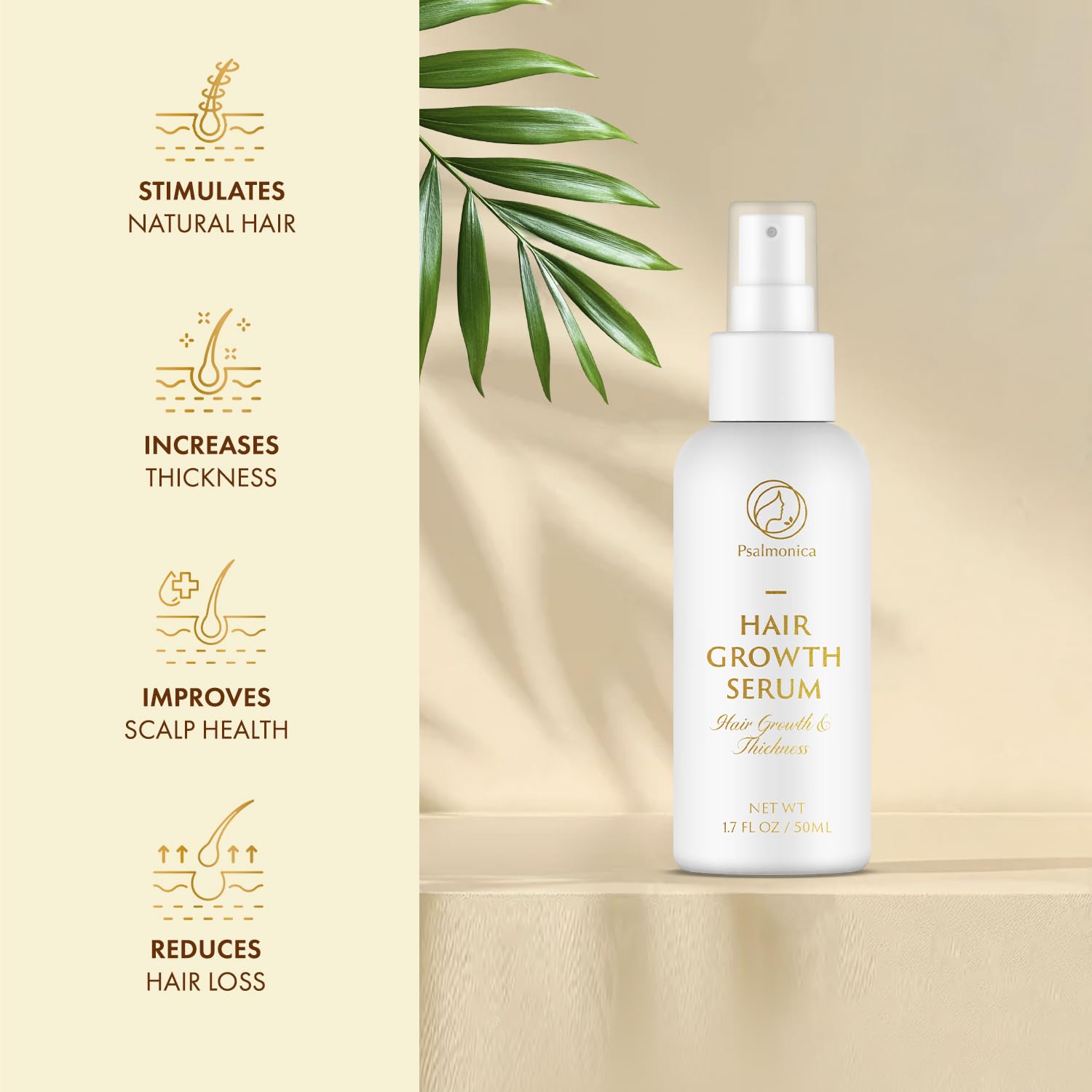 Psalmonica rosemary oil bottle highlights natural scalp care.