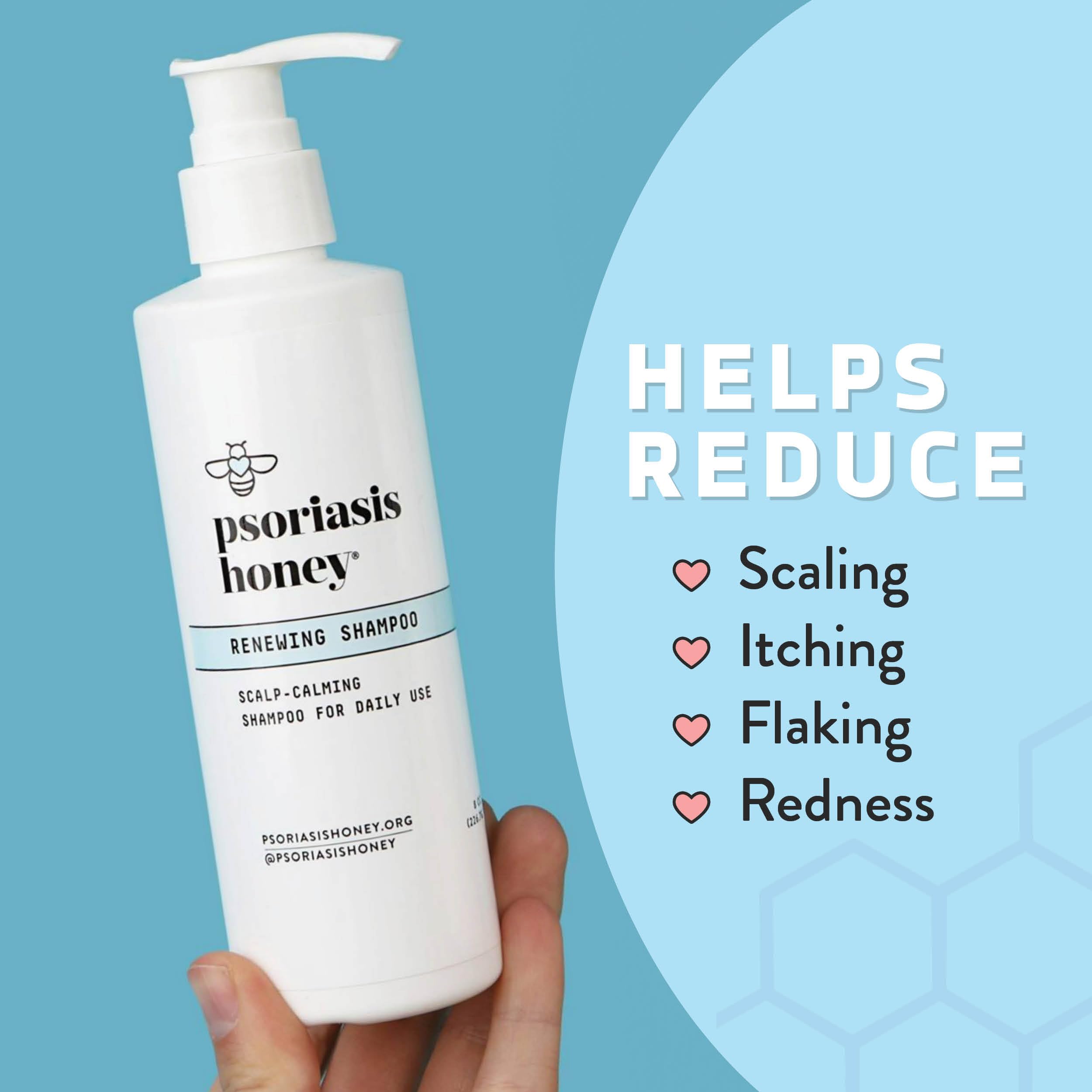 PSORIASIS HONEY Renewing Shampoo, ingrédients argan et aloe vera pour cheveux nourris.