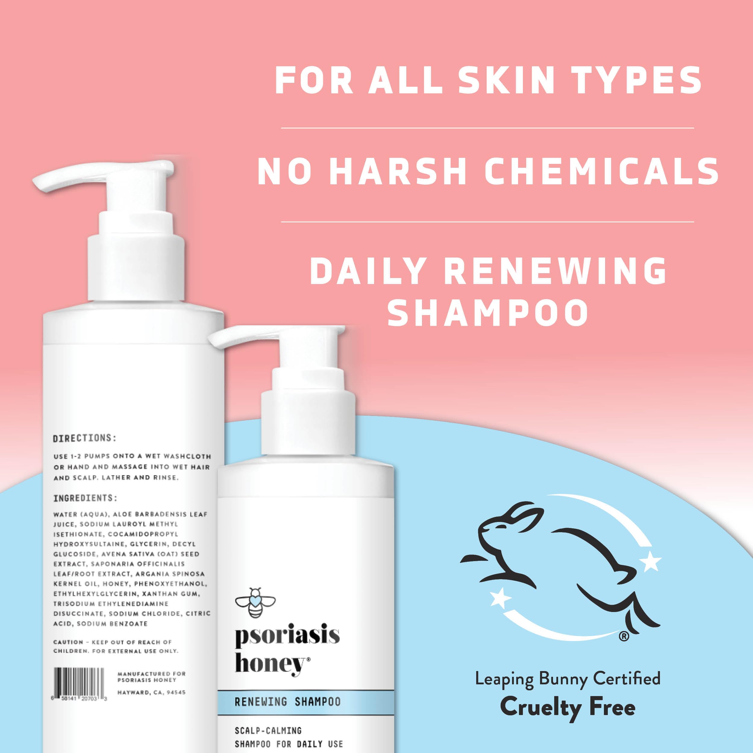 PSORIASIS HONEY Renewing Shampoo, étiquette naturelle sans parabènes et sans sulfats agressifs.