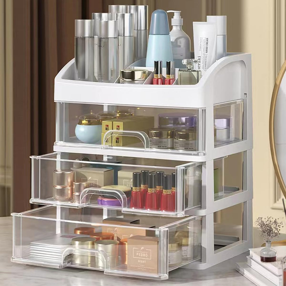 PTBSZCWY Organisateur maquillage 3 tiroirs, vue avant, pratique pour ranger les produits.