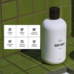 Public Goods gentle-lather closeup demonstrates mild formula suitable for daily use.
