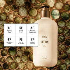 Public Goods Lotion Corps et Mains présente un mélange huiles essentielles eucalyptus menthe agrumes.