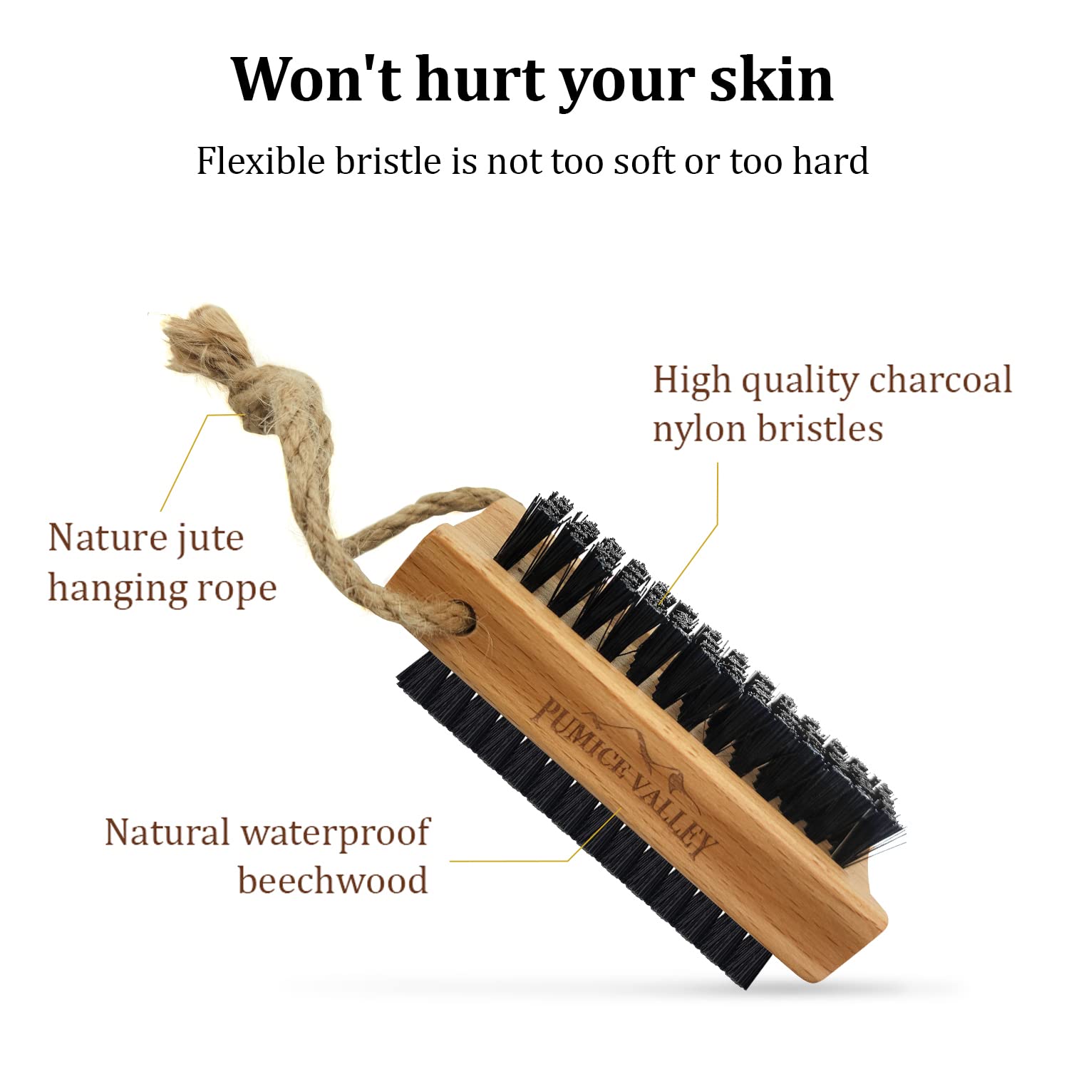 Brosse Pumice Valley avec brins nylon charbon, nettoie en profondeur les ongles