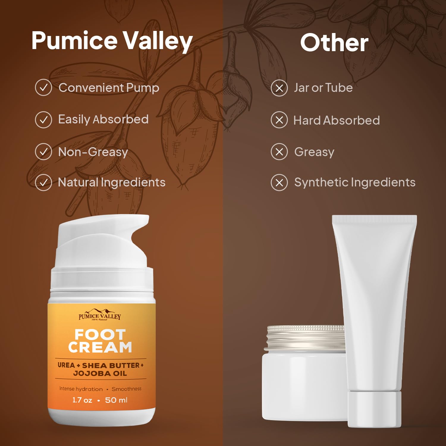 Ingrédients naturels Pumice Valley pour pieds sûrs et efficaces.