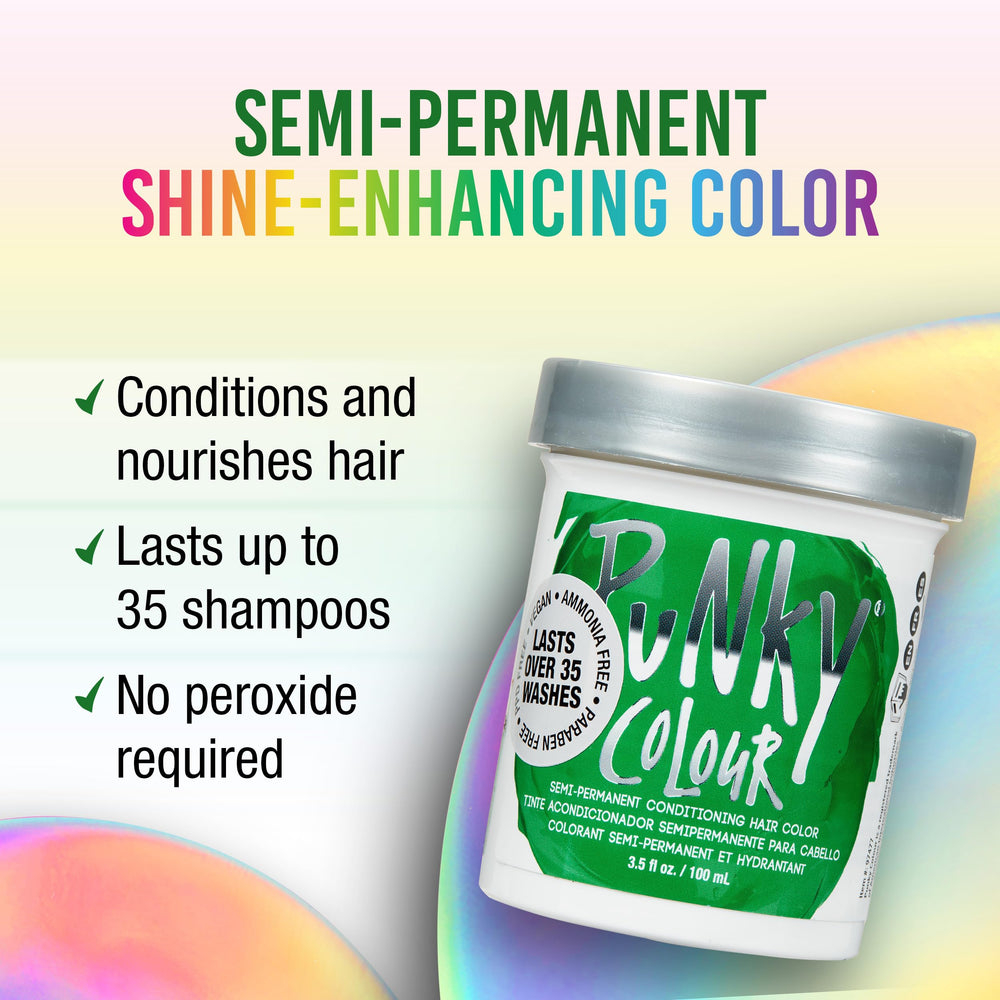 Punky couleur vert-pomme sur cheveux, résultat lumineux et durable après application.
