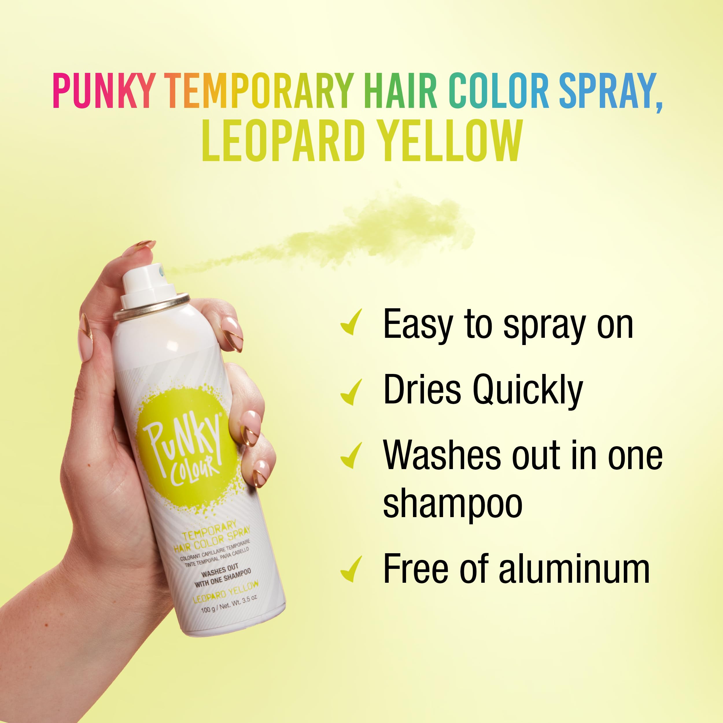 Punky spray couleur capillaire Léopard Jaune sur cheveux secs pour application rapide.