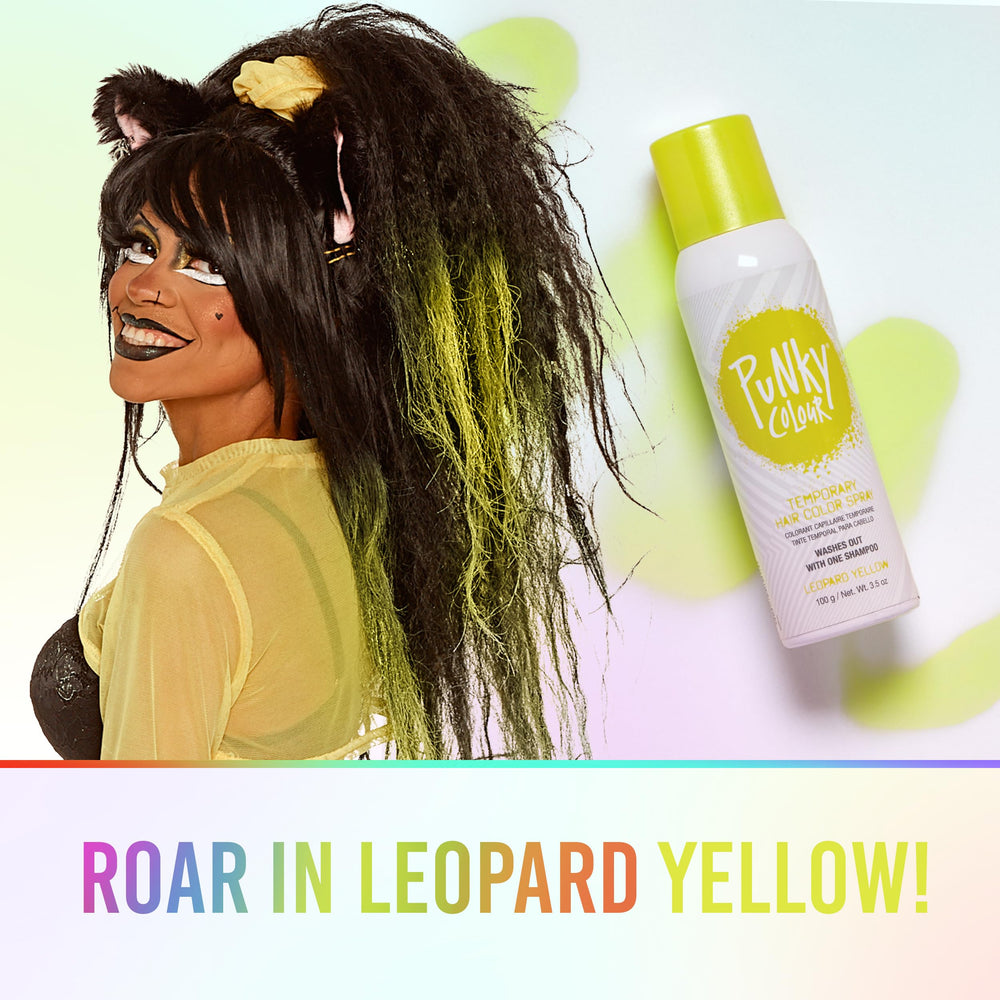 Punky spray couleur capillaire Léopard Jaune offrant une teinte vive temporaire.