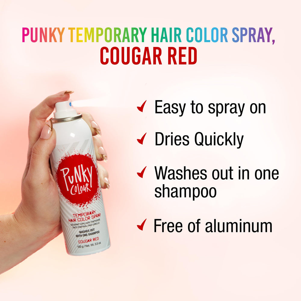 Punky Spray cheveux Cougar Red, application rapide pour changer de style facilement.