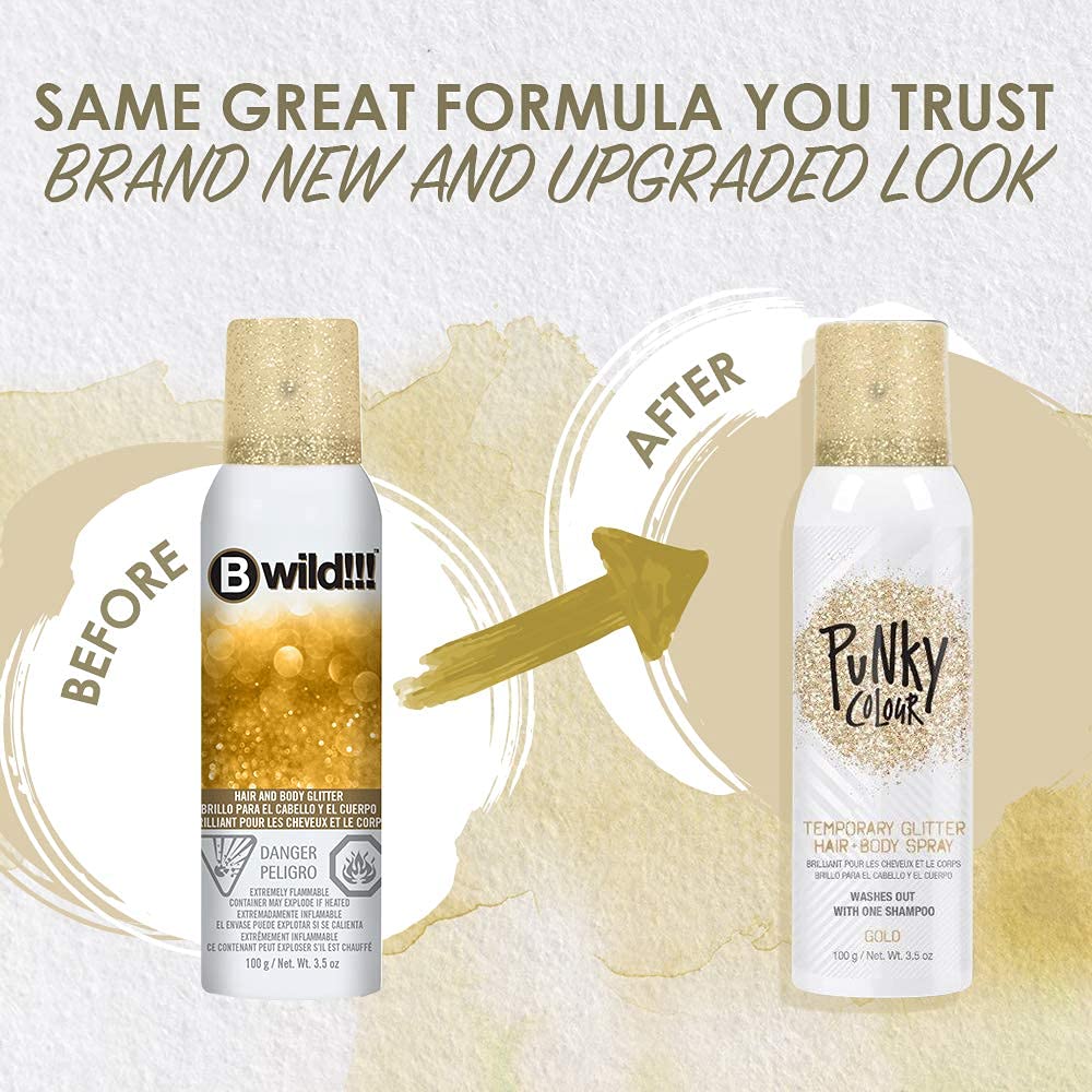 Punky spray paillettes dorées sur peau pour brillance légère.