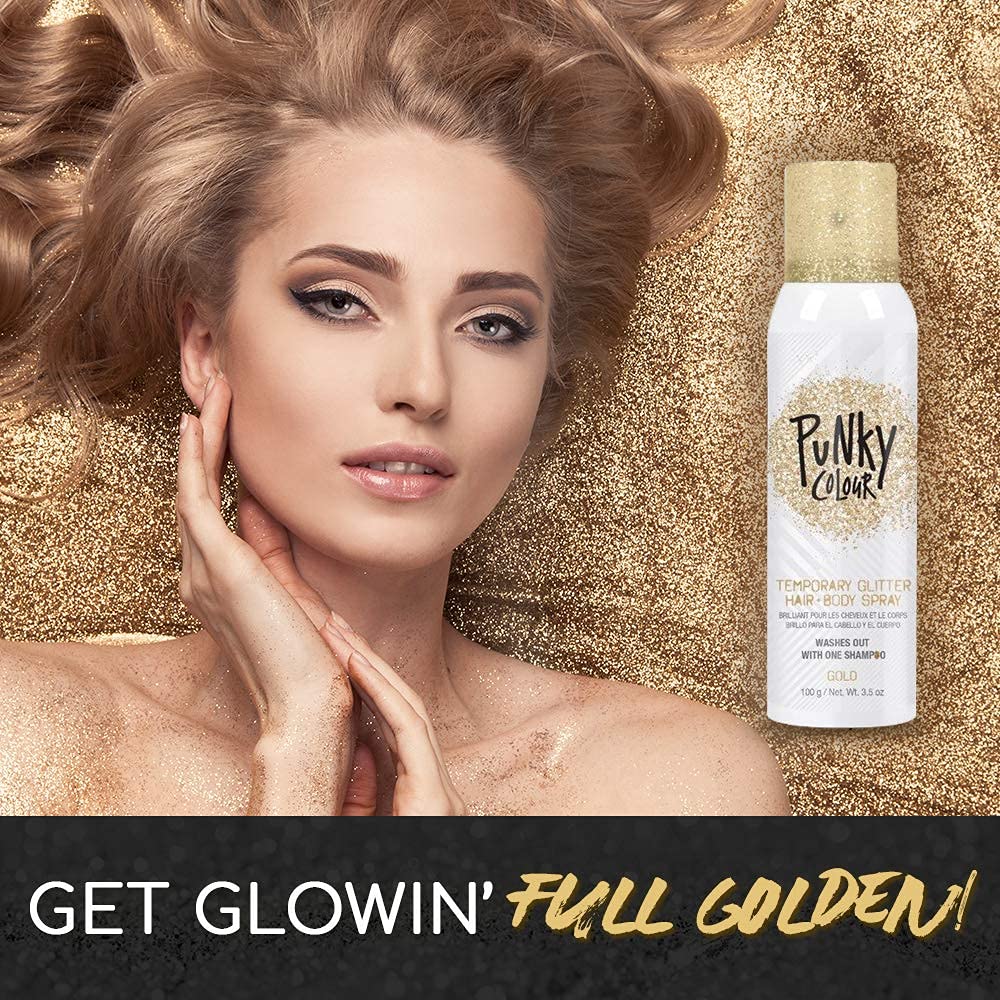 Punky spray paillettes dorées pour look festif glamour.