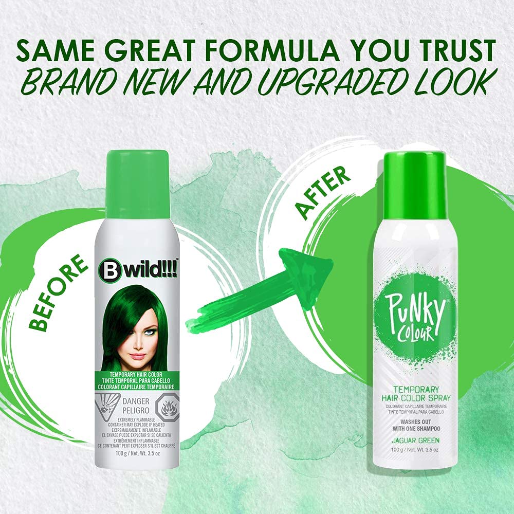 Punky Jaguar vert spray-cheveux, application rapide et sans dommages potentiels.