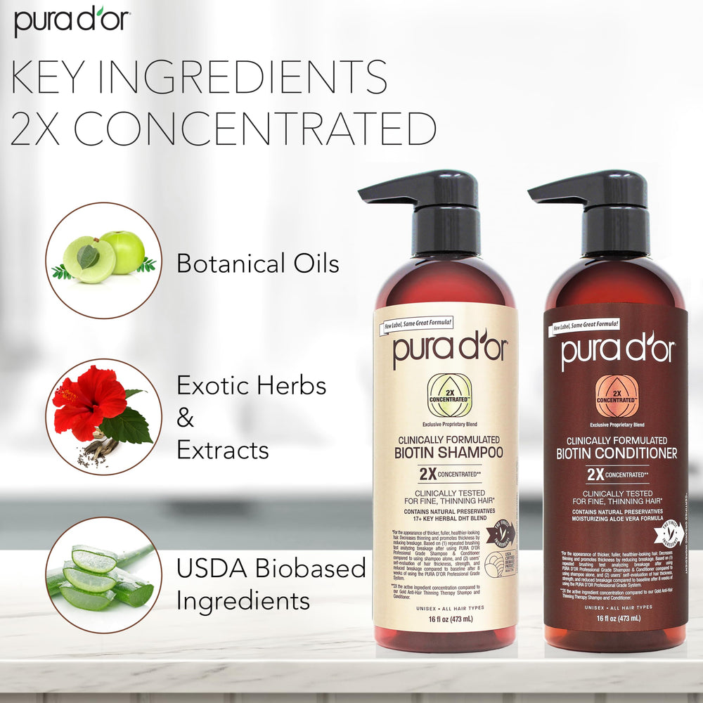 PURA D'OR après-shampooing biotine double-concentré sur flacon, démêle et nourrit les cheveux.