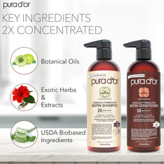 PURA D'OR après-shampooing biotine double-concentré sur flacon, démêle et nourrit les cheveux.