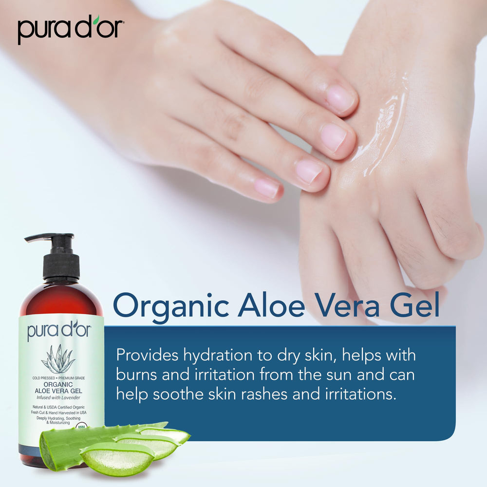 Ingrédients riches en vitamines C et E pour nourrir la peau avec PURA D'OR Aloe Vera Bio Lavande.