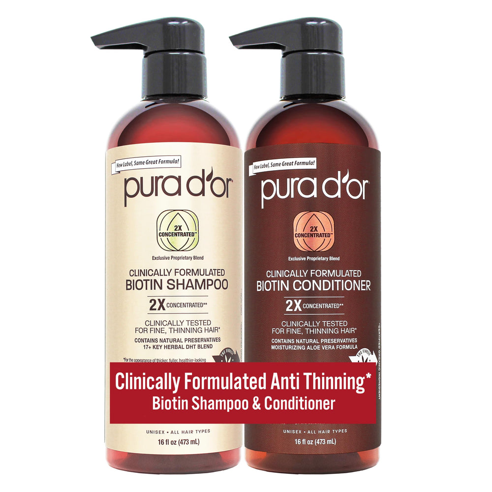 PURA D'OR shampooing biotine double-concentré sur flacon, hydratation et épaisseur des cheveux.