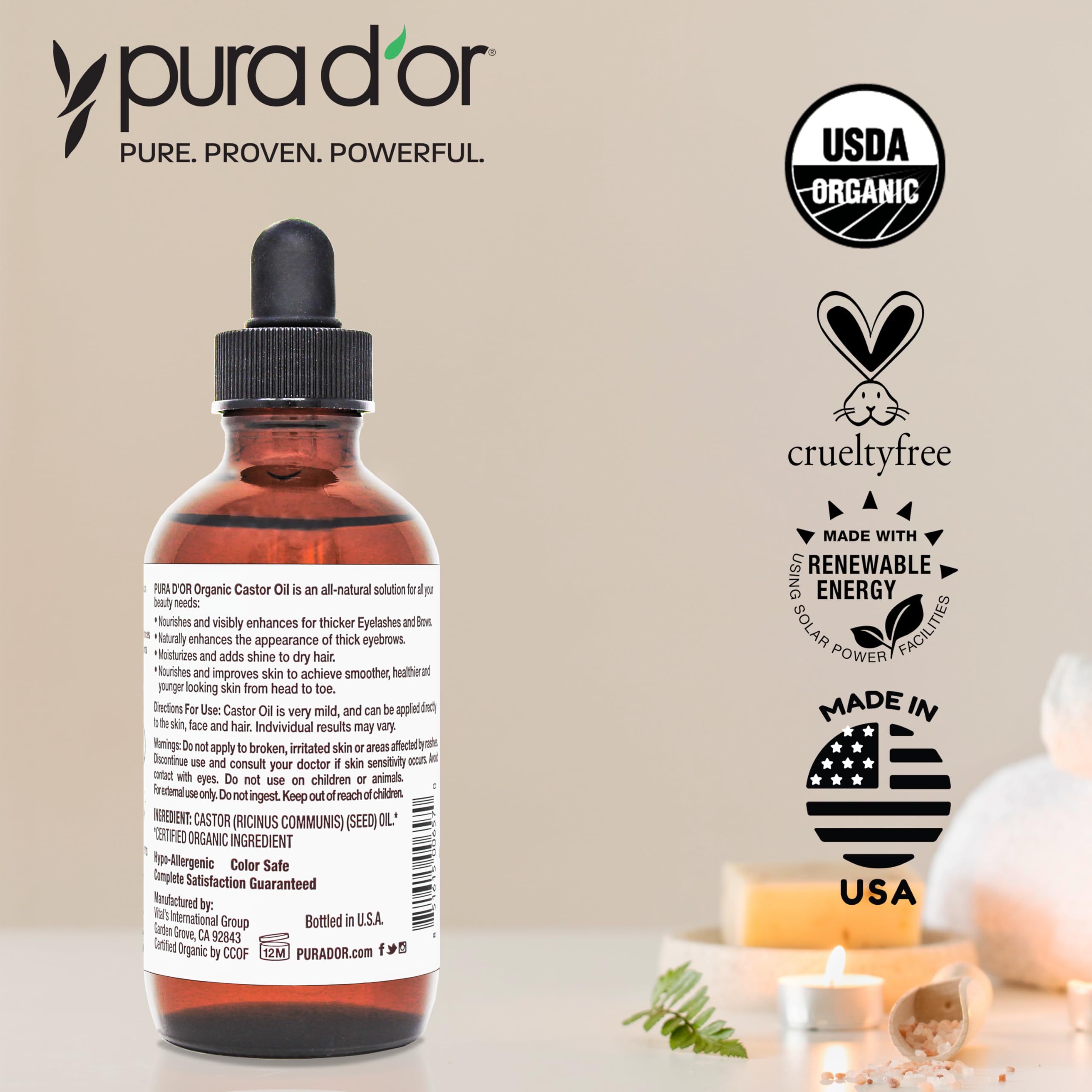 PURA D'OR huile de ricin – étiquette USDA certifiée et sans hexane