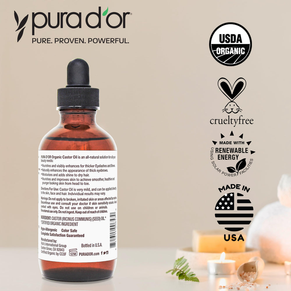 PURA D'OR huile de ricin – étiquette USDA certifiée et sans hexane