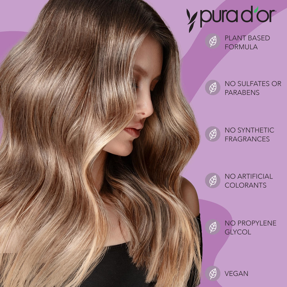 Après-shampoing PURA D'OR, flacon visible, démêlage facilité et brillance.