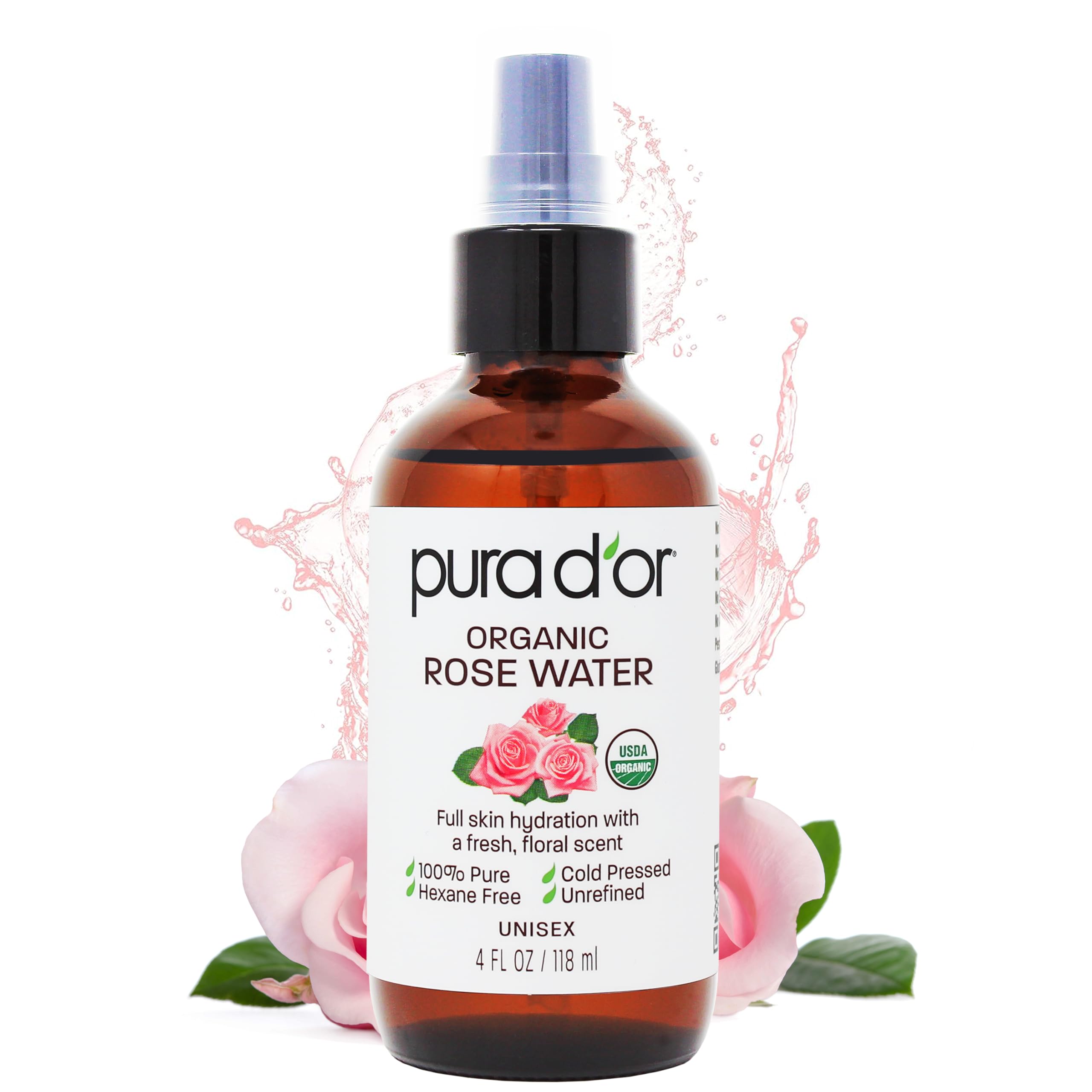 Tonique PURA D'OR à l'eau de rose dans une bouteille prête à hydrater la peau.