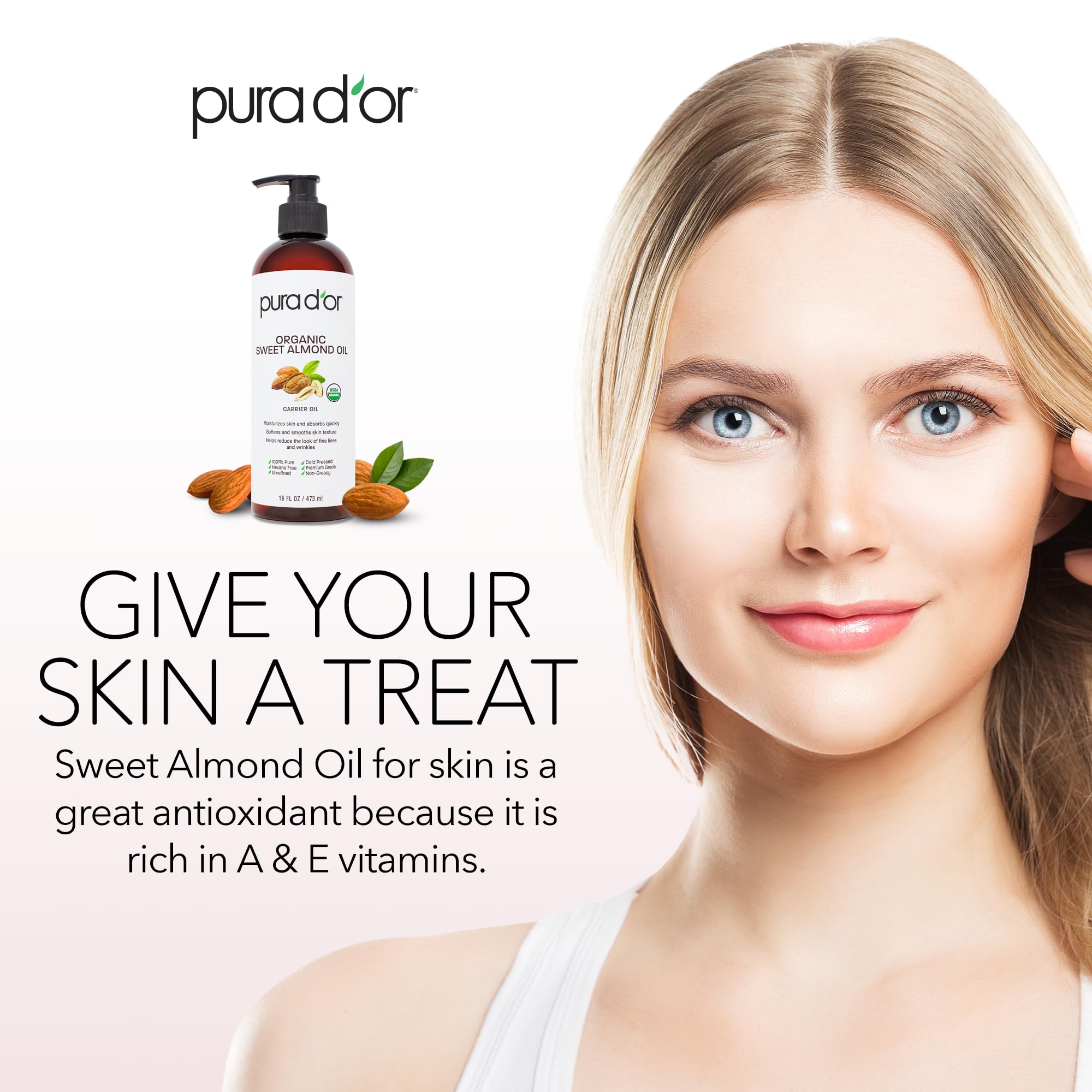 Application sur peau PURA D'OR huile amande douce bio, peau douce et hydratation légère.