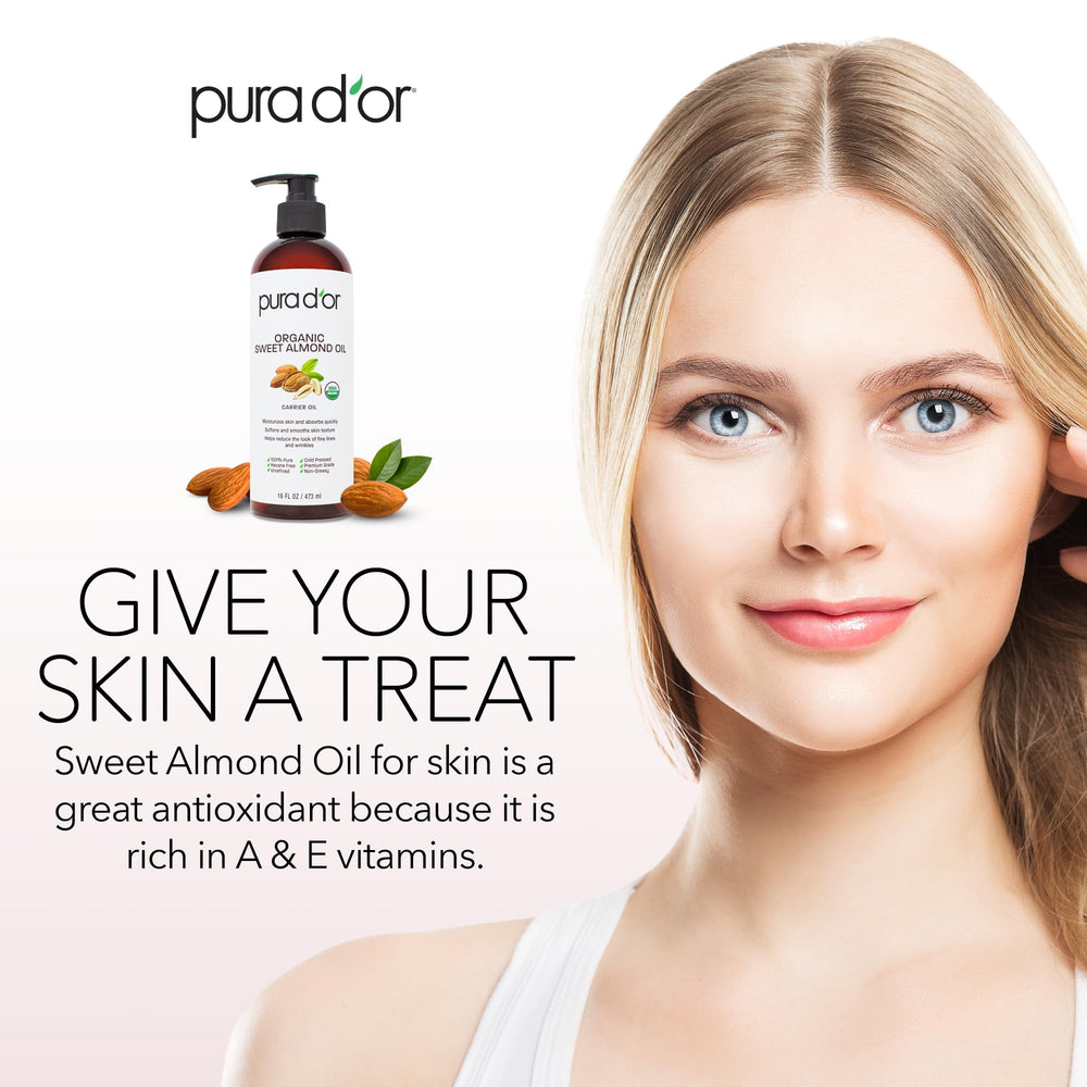Application sur peau PURA D'OR huile amande douce bio, peau douce et hydratation légère.