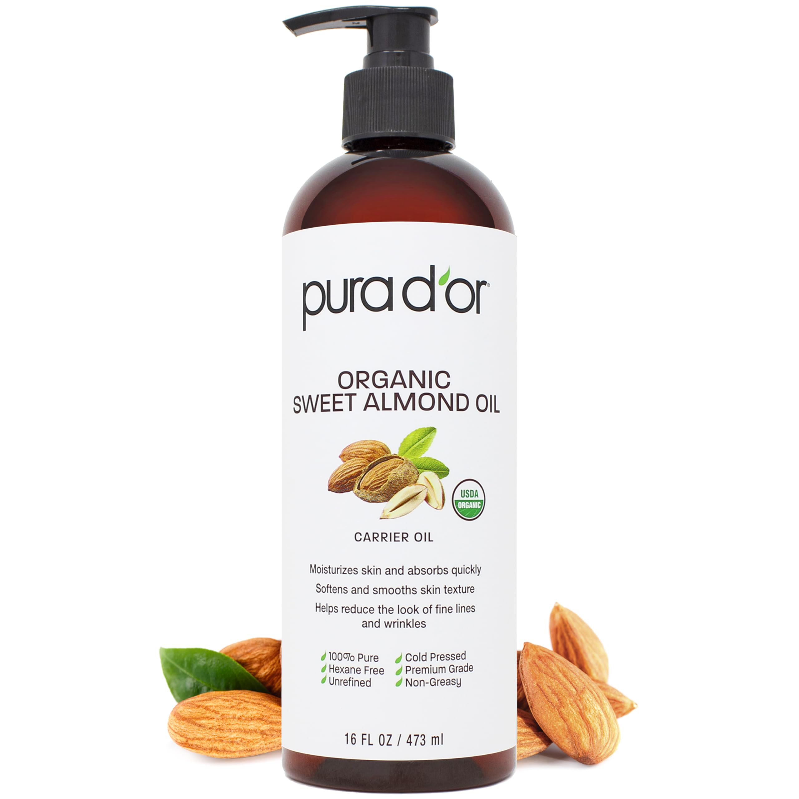 PURA D'OR Huile d'amande douce bio, bouteille visible, hydratation légère pour peau et cheveux.