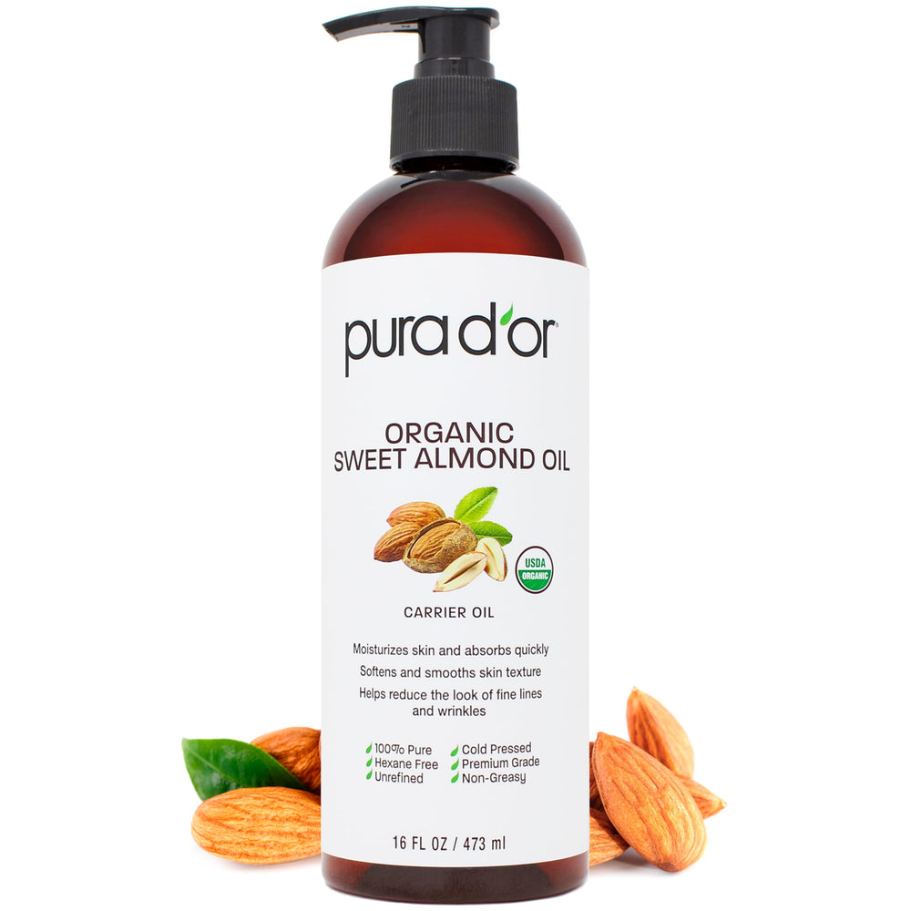 PURA D'OR Huile d'amande douce bio, bouteille visible, hydratation légère pour peau et cheveux.