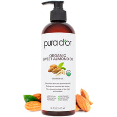 PURA D'OR Huile d'amande douce bio, bouteille visible, hydratation légère pour peau et cheveux.