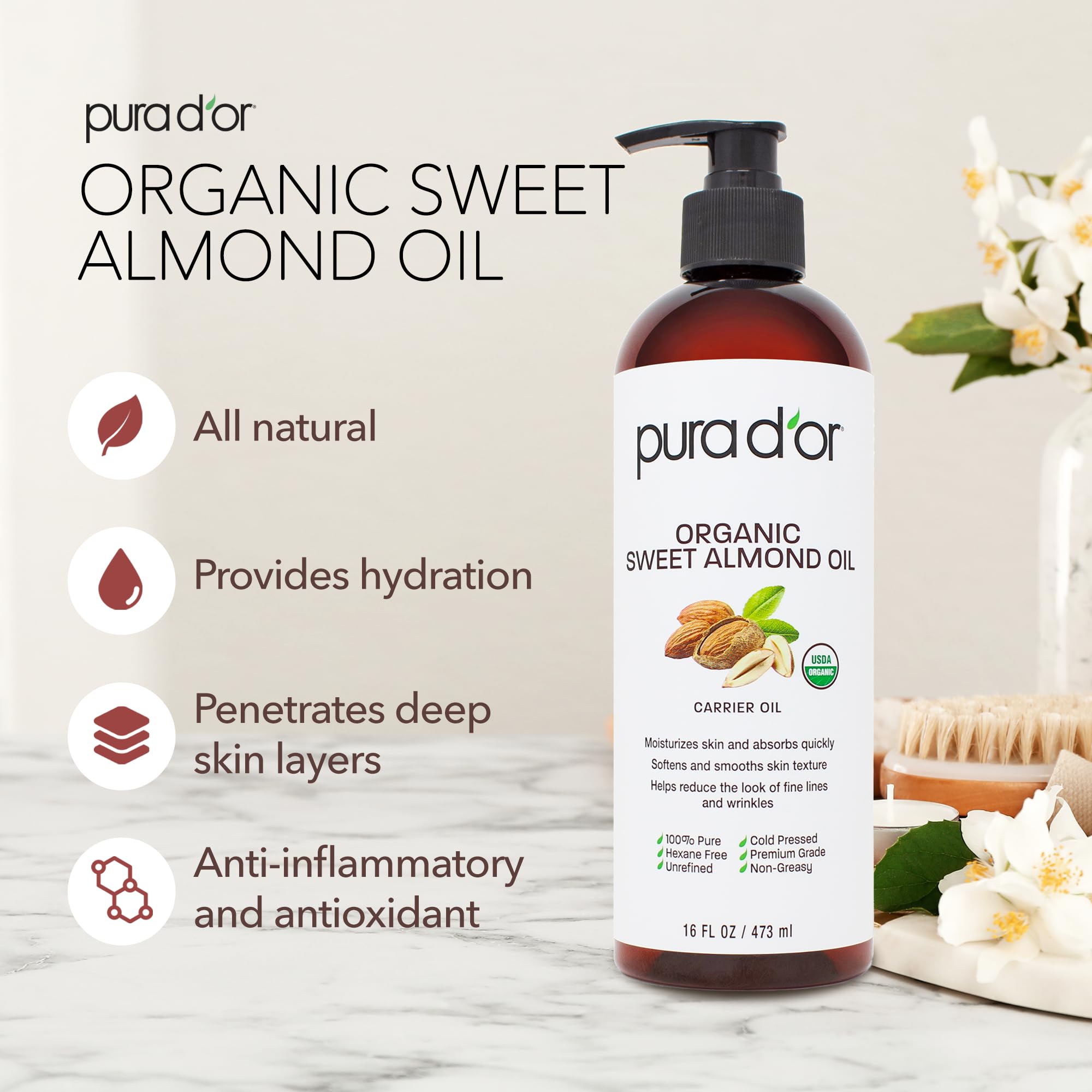 Étiquette PURA D'OR huile amande douce bio, naturelle et hypoallergénique.