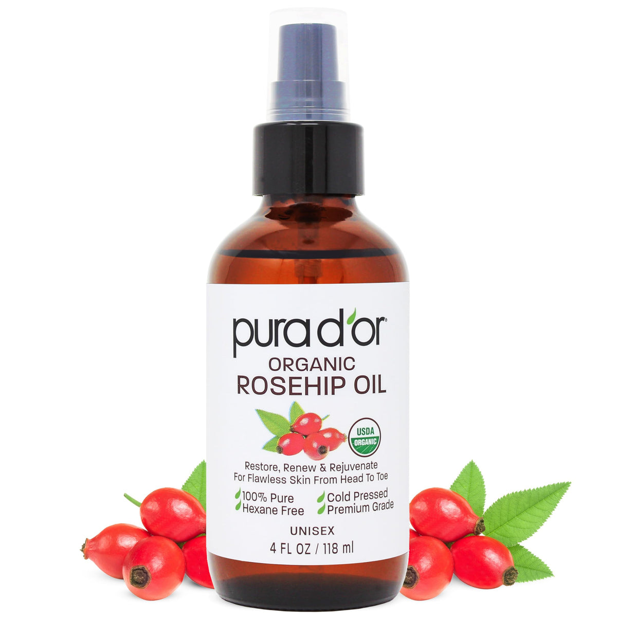 PURA D'OR Huile rose musquée bio dans flacon pompe, pratique pour l'hydratation